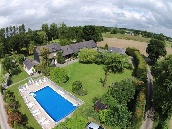 Aerial view of Le Bois Coudrais main house-pool and gite gardens