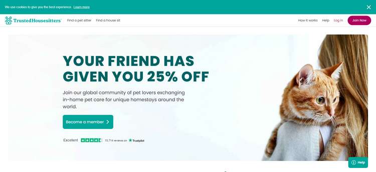 Trusted Housesitters website home page offering 25% off discount