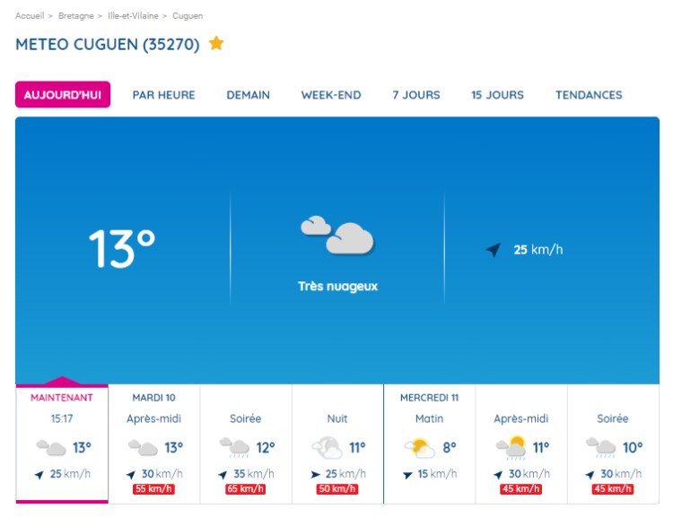 Screenshot of Meteo France weather forecast for Cuguen in Ille-et-Vilaine